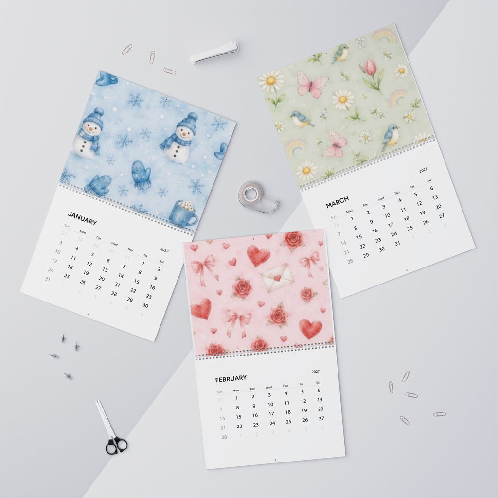 2027 Seasonal Wall Calendar — Watercolor Snowmen & Autumn Leaves Monthly Planner