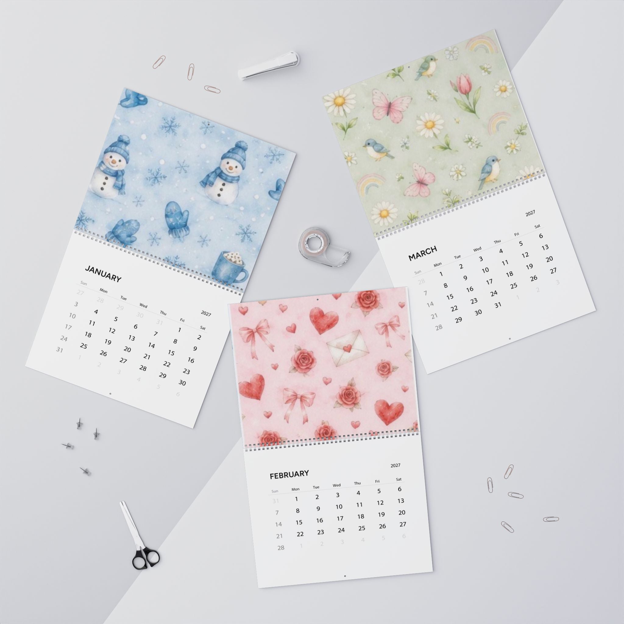 2027 Seasonal Wall Calendar — Watercolor Snowmen & Autumn Leaves Monthly Planner